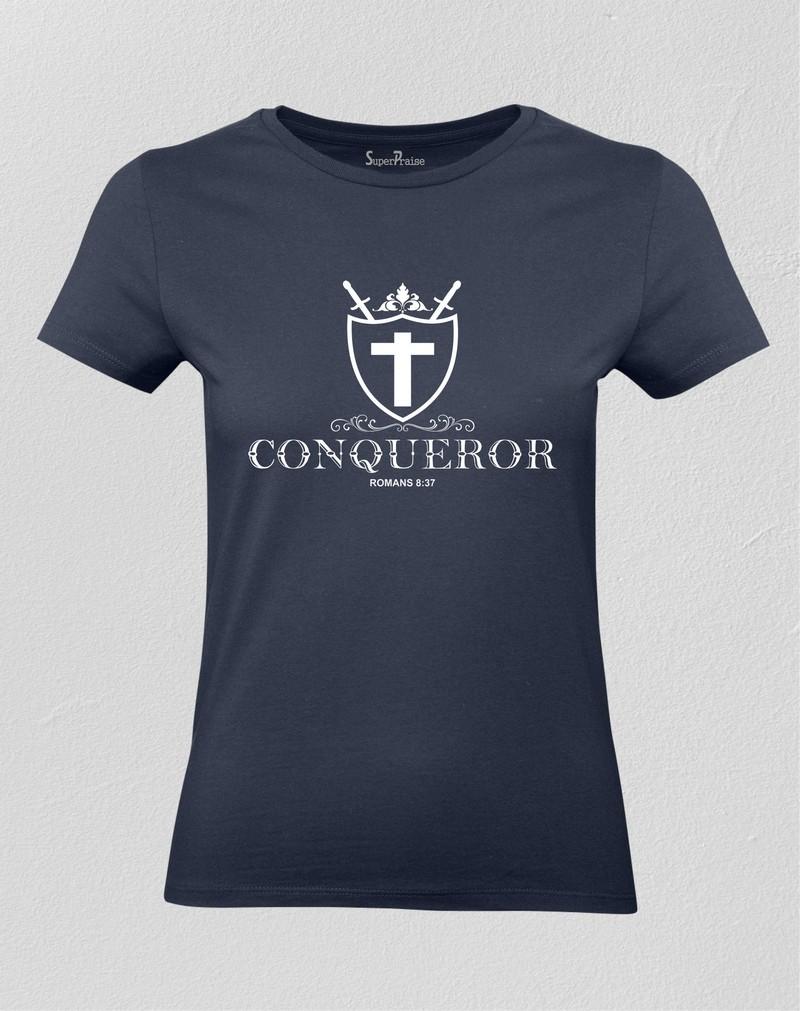 Christian Women T Shirt Conqueror Romans 8:37 Navy tee