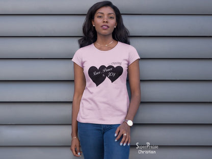 Christian Women T shirt Love Peace Joy God's Promises Jesus Pink tee