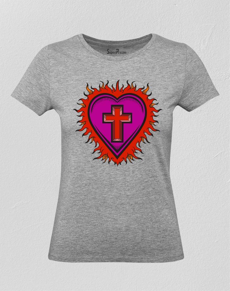 Christian Women T Shirt Christ Cross My Heart Grey tee