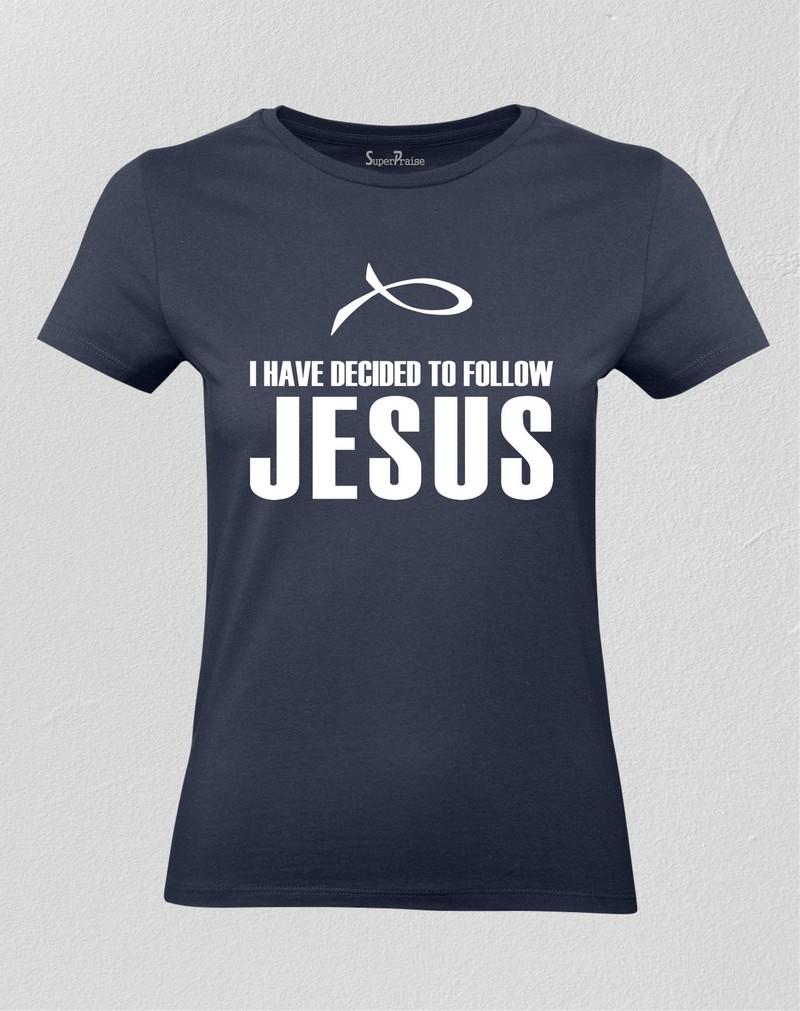 Christian Women T shirt Decided to Follow Jesus Navy tee