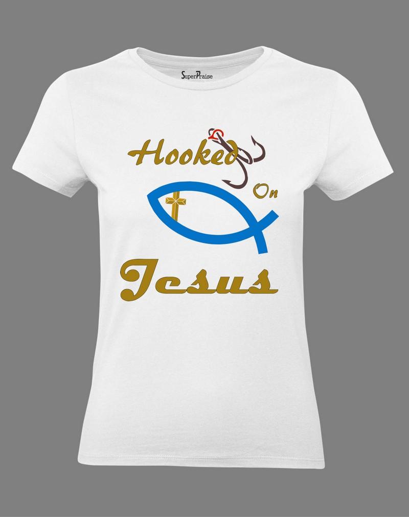 Hooked On Jesus Fish Sign Women T Shirt 