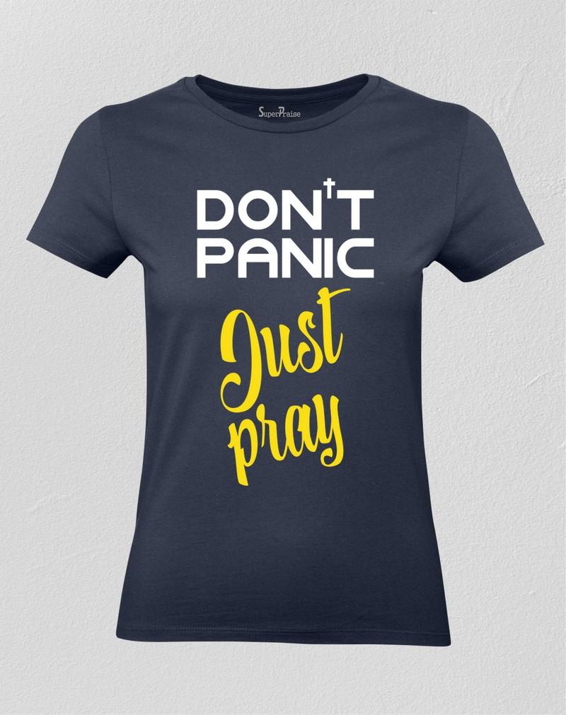 Christian Women T shirt Don't Panic Just Pray Navy tee