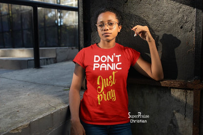 Christian Women T shirt Don't Panic Just Pray Ladies tee