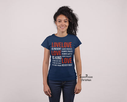 Christian Women T shirt Love Is Patient Gospel Spirituality Navy tee tshirt