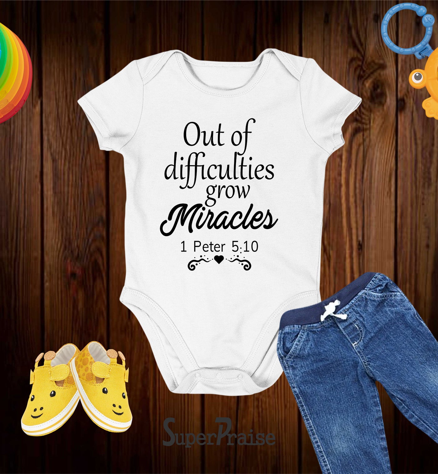 Out Of Difficulties Grow Miracles Bible verse Baby Bodysuit
