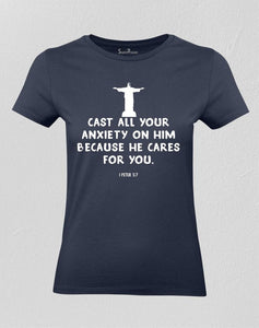 Christian Women T shirt Cast All Your Anxiety Navy tee